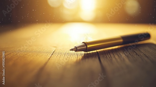 Elegant Close-Up of a Fountain Pen on a Wooden Surface with Soft Golden Light and Dust Particles, Creating an Artistic Atmosphere of Inspiration and Creativity photo