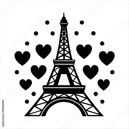 Eiffel Tower with hearts surrounding it for a Parisian romance vibe.