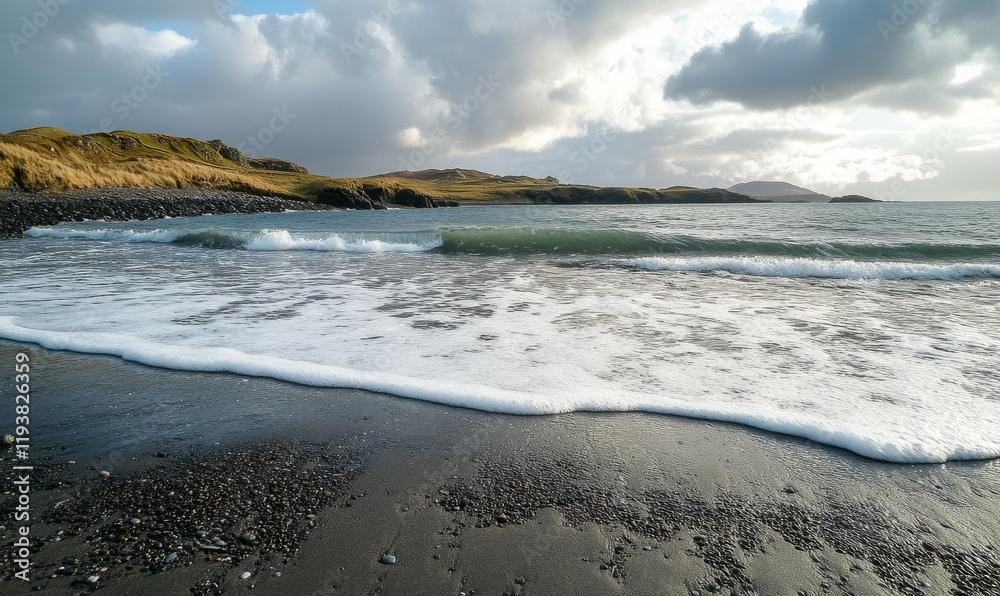 A stunning coastal landscape with black and white sea waves, natural beauty, sandy beach A stunning coastal landscape with black and white sea waves, natural beauty, sandy beach