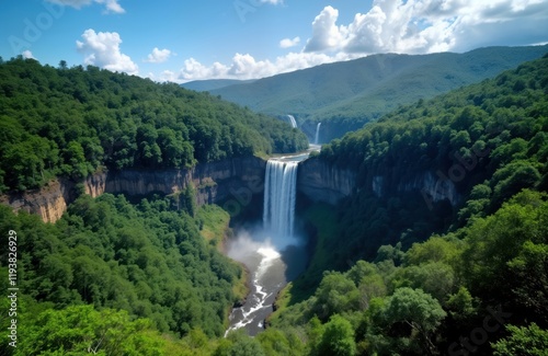 Breathtaking waterfall cascading down cliff in green forest. Extraordinary natural scene in Brazilian park. Scenic landscape view with clear blue sky. Beautiful summer day in rainforest. Paradise for
