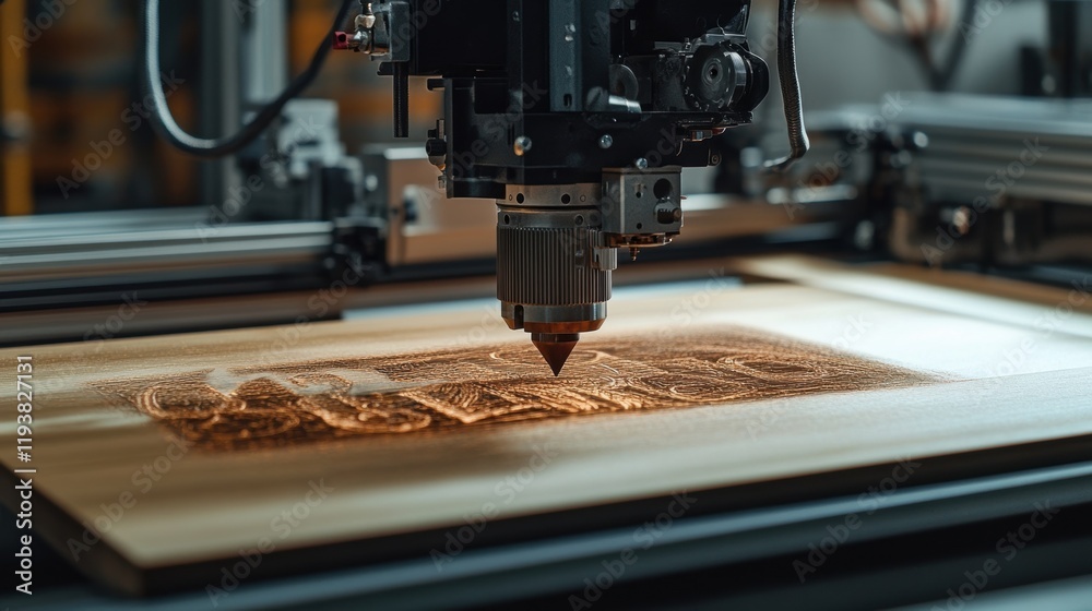 Fototapeta premium A close shot of a laser engraving machine customizing a product with a customers name spotlighting the technology behind personalization in small production runs.