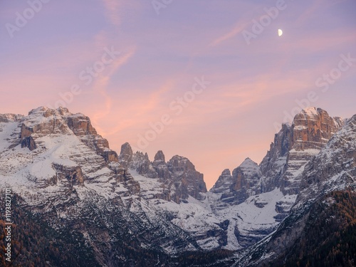 Peaks of Val Brenta Alta, Cima Brenta, Cima Tosa. View of the Dolomiti di Brenta from Val Rendena in the Parco Naturale Adamello Brenta. Dolomites, in the province of Trentino in Italy.