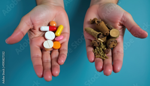 Two hands holding traditional herbal remedies and pharmaceutical pills on a vibrant background, symbolizing the choice and comparison between natural and conventional medicine