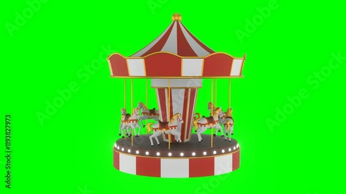 looped 3d carousel with red and white stripes on green screen. animation of carousel with horses