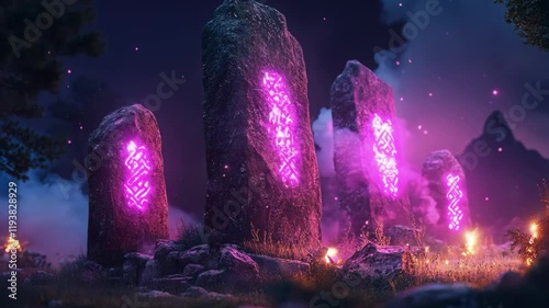 Mystical Glowing Rune Stones at Night Seamless Loop Background