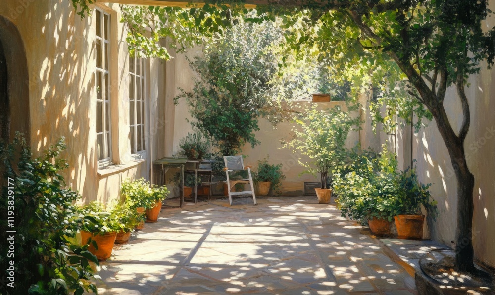 A View of a Patio with Greenery and Sunlight Cast Shadows A View of a Patio with Greenery and Sunlight Cast Shadows