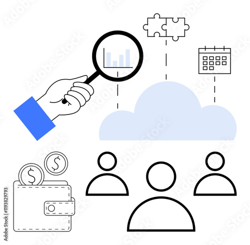 Hand with magnifying glass over cloud linked to puzzle icons, wallet, calendar, and people. Ideal for data analytics, collaboration, finance, resource management, cloud services connectivity