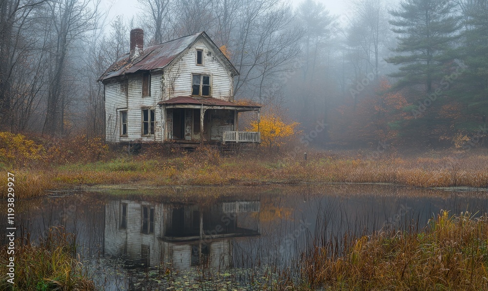 Obraz premium Abandoned House by a Foggy Lake in the Woods
