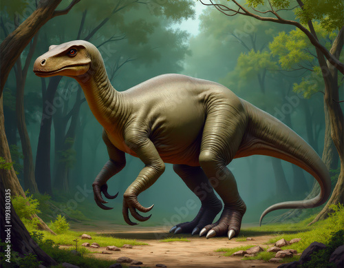 A depiction of a dinosaur of the species Maiasaura peeblesorum in a green clearing, surrounded by grass and trees.