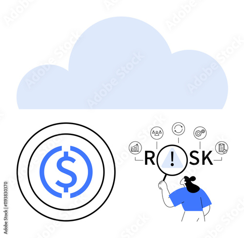 Cloud graphic above dollar coin logo and a person analyzing risk factors thumbs up user data, security, and finance. Ideal for analytics, finance, cloud tech, security, decision-making, risk