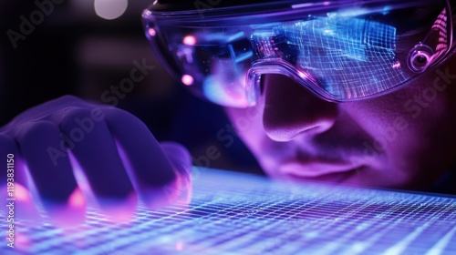 Detail of the technicians AR glasses showcasing a holographic grid overlay on a conveyor belt highlighting misaligned components with animated markers for immediate action.