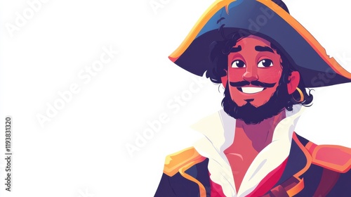 Colorful Cartoon Pirate Character with Hat, Beard, and Smile in a Playful Style, Ideal for Adventure and Fantasy Themes in Illustrations and Designs photo