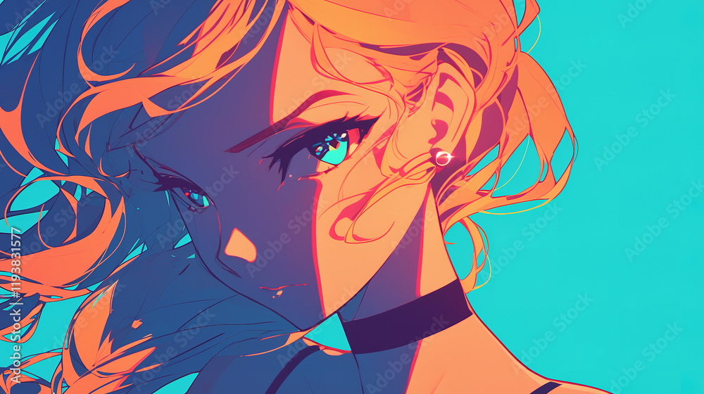 The image is a vibrant, stylized illustration of a person with flowing hair The image is a vibrant, stylized illustration of a person with flowing hair