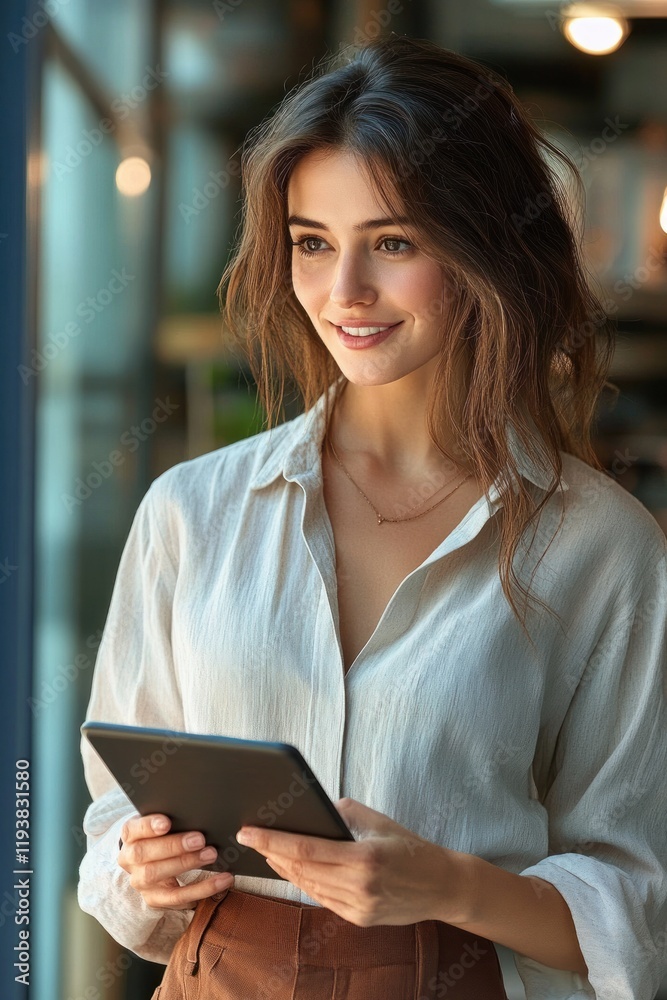 Woman Holding Tablet Engaged in Conversation with Colleague in Modern Office Setting Woman Holding Tablet Engaged in Conversation with Colleague in Modern Office Setting