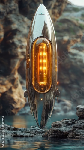 Futuristic rocket powered spacecraft taking off from a coastal rocky cliff with its glowing engines illuminating the surrounding ocean and sky in a dramatic sci fi scene