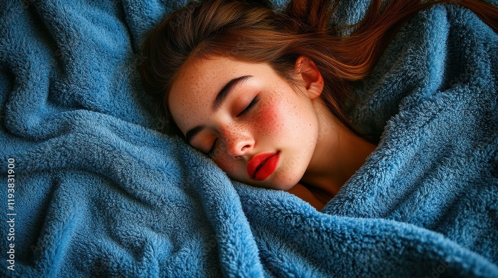 A young girl with freckles peacefully sleeps wrapped in a soft blue blanket, embodying comfort and serenity during a quiet afternoon