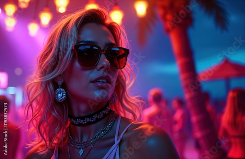 Attractive woman enjoys summer nightlife party. Poses stylishly in club with neon lights, palm trees in background. Vacation hot spot. Music pumps in air. Nightclub scene vibrant, energetic. Stylish photo