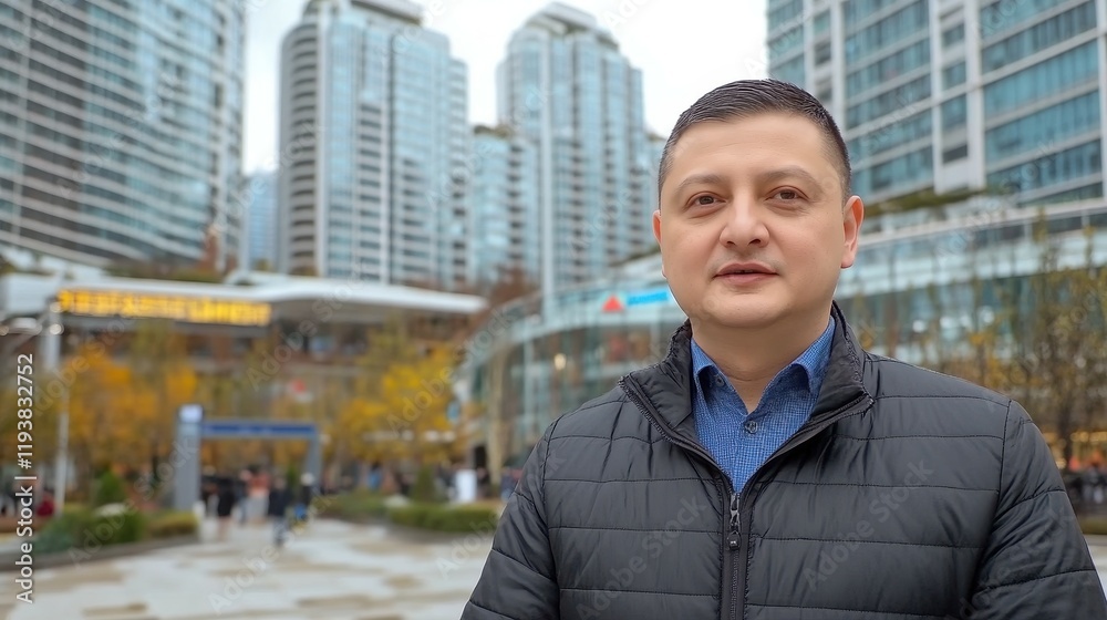 A man wearing a winter jacket is positioned in a contemporary city plaza filled with low trees and vibrant autumn leaves. Tall buildings rise in the background under an overcast sky A man wearing a winter jacket is positioned in a contemporary city plaza filled with low trees and vibrant autumn leaves. Tall buildings rise in the background under an overcast sky