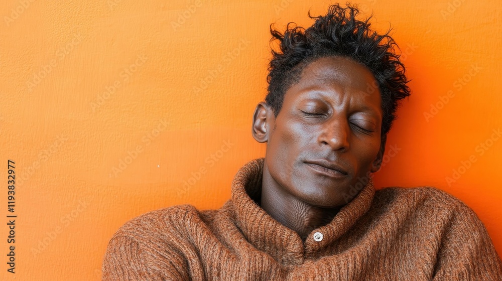 Obraz premium A man with curly hair sits quietly against a vibrant orange wall. He appears serene and relaxed, enjoying a moment of peace in a cozy sweater