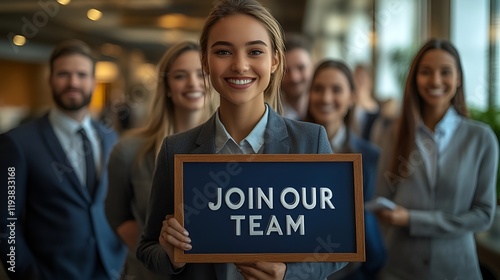 A group of professionals at a job fair - holding a sign that reads “JOIN OUR TEAM” - recruiting - recruiter - marketing - branding - college - corporate - career - fair