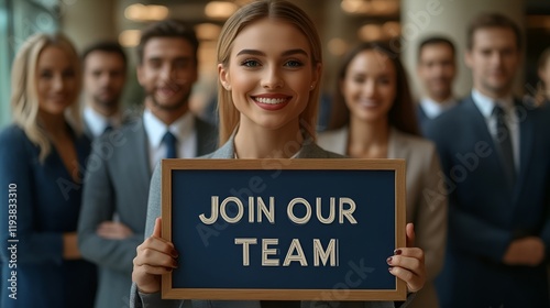 A group of professionals at a job fair - holding a sign that reads “JOIN OUR TEAM” - recruiting - recruiter - marketing - branding - college - corporate - career - fair
