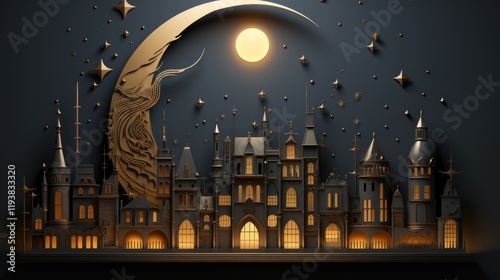 Nocturnal Cityscape: A Fantasy Metropolis Under a Golden Crescent Moon