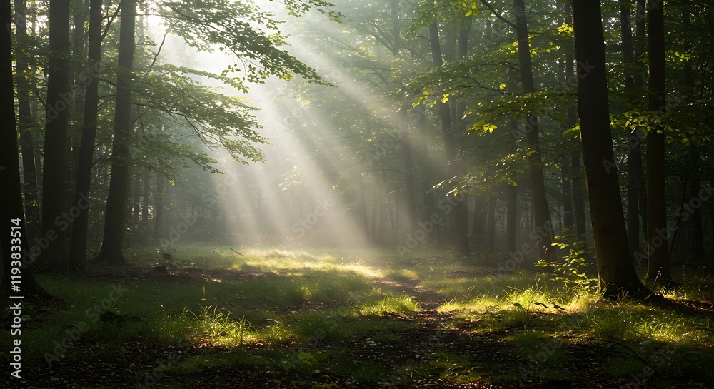 Fototapeta premium Serene misty forest landscape with sunbeams filtering through trees, concept for nature escape, environmental conservation and outdoor adventure