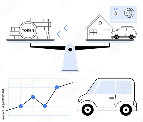 Coins, house, car balanced on a scale. Arrows represent transaction flow. Includes graph, car, and digital globe. Ideal for finance, investment technology real estate sharing economy mobility