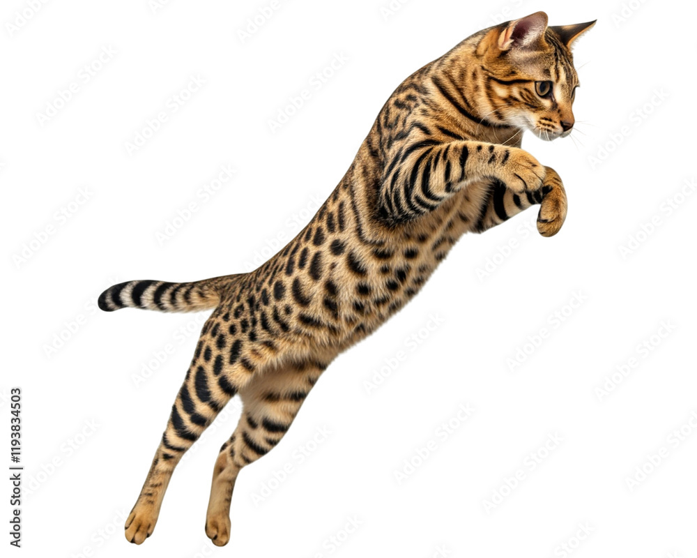 Naklejka premium A Bengal cat with a sleek, athletic build and a beautiful leopard-like coat is mid-air, leaping gracefully with its paws extended and tail outstretched. It's isolated on a white background, showcasing