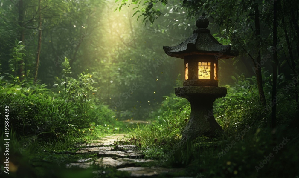 A Stone Lantern Illuminates a Path Through a Lush Green Forest A Stone Lantern Illuminates a Path Through a Lush Green Forest