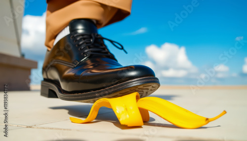 Businessman Stepping on Banana Peel Outdoors Symbolizing Risk and Unexpected Situations