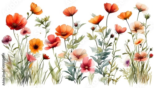 A vibrant watercolor illustration of a field filled with red and orange poppies and wildflowers