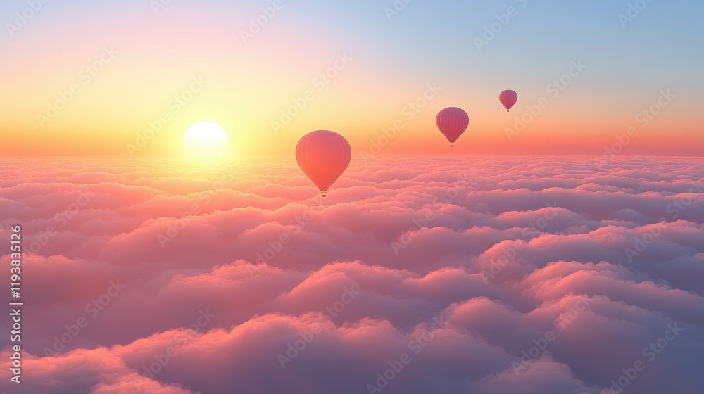 Fototapeta premium Three vibrant hot air balloons ascend gracefully over fluffy clouds as the sun rises, bathing the landscape in warm colors. The scene captures tranquility and adventure in the early morning