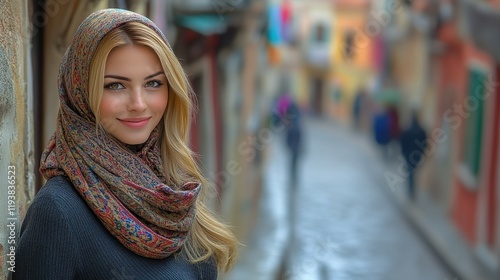 Wallpaper Mural A woman with long blonde hair wears a patterned scarf, smiling warmly against a backdrop of colorful buildings and cobblestone streets at dusk. The atmosphere feels inviting Torontodigital.ca