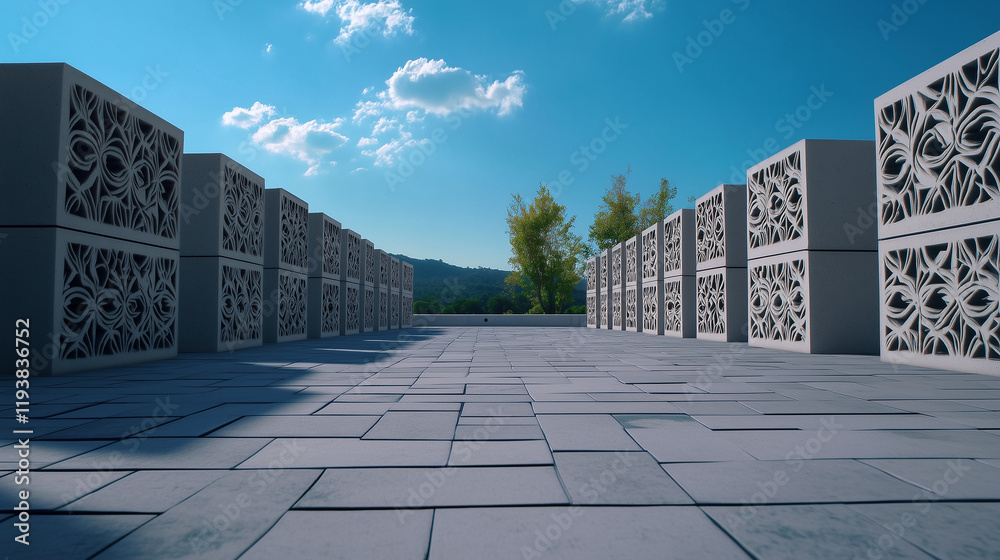 Fototapeta premium An artistic arrangement of decorative cement blocks, featuring geometric and floral cut-out patterns, displayed in an open-air setting with a serene blue sky above.