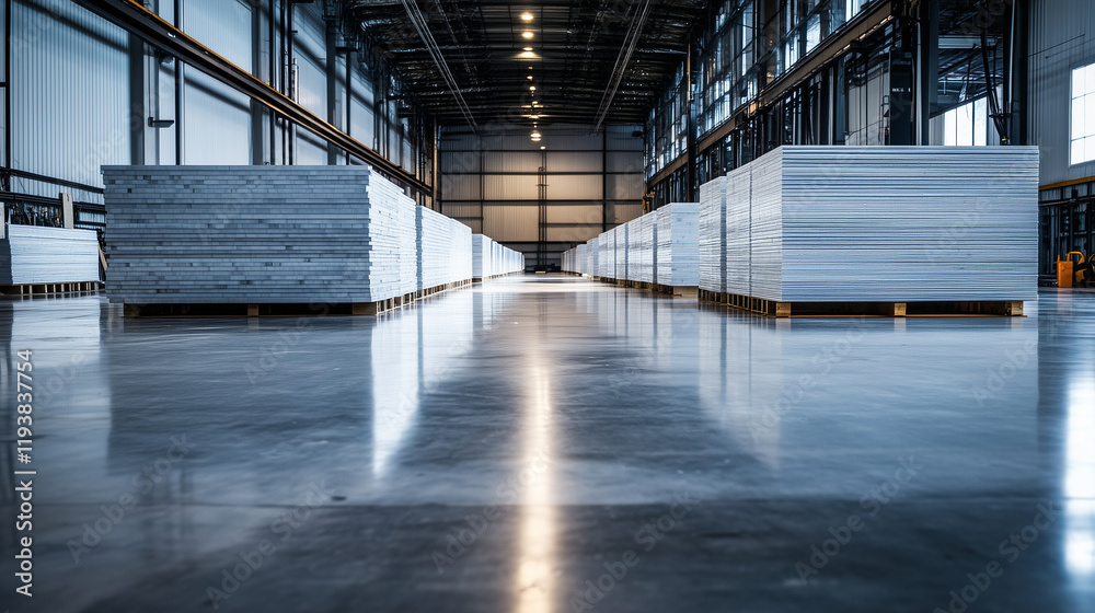 Stacks of pre-fabricated wall panels, each carefully aligned in an expansive industrial space, showcasing precision in modern manufacturing for construction efficiency. Stacks of pre-fabricated wall panels, each carefully aligned in an expansive industrial space, showcasing precision in modern manufacturing for construction efficiency.