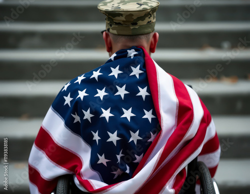 A devoted soldier in a wheelchair, patriotically wrapped with the American flag, symbolizes perseverance and dedication to serving the nation photo