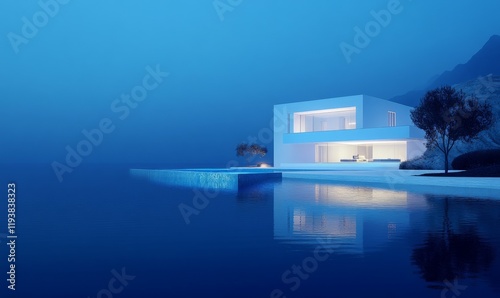 A white building house in the shore sea view, Modern luxury home with swimming pool