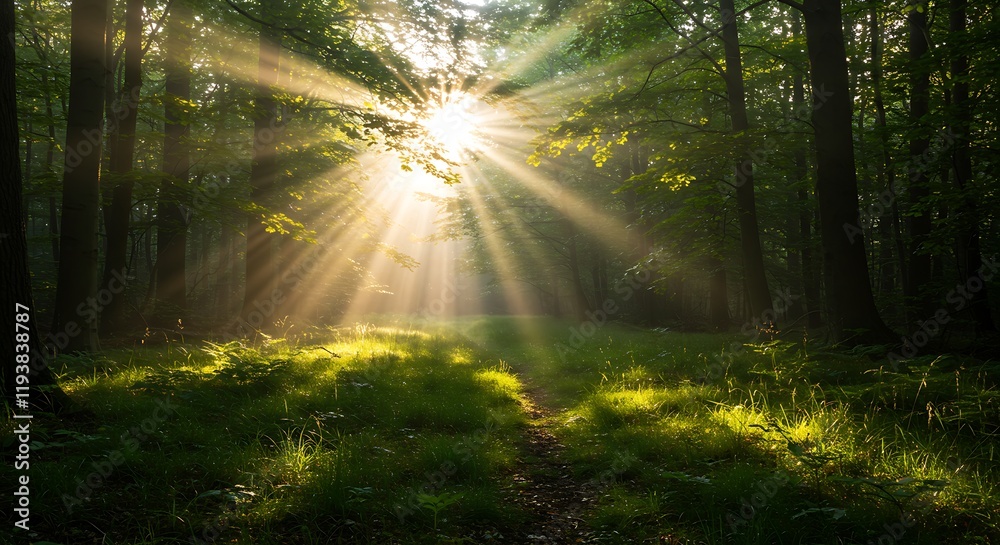 Fototapeta premium Golden sunlight streams through misty woodland trees. Morning path through vibrant grass.