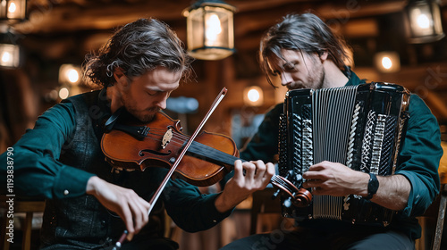 A duet of a fiddler and an accordion player performing soulful Irish folk tunes under the glow of pub lanterns