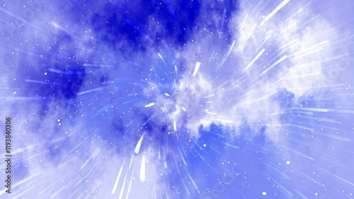 A vibrant depiction of a cosmic explosion, featuring swirling blue and white colors that evoke a sense of movement and energy, suggesting themes of space and the universe.