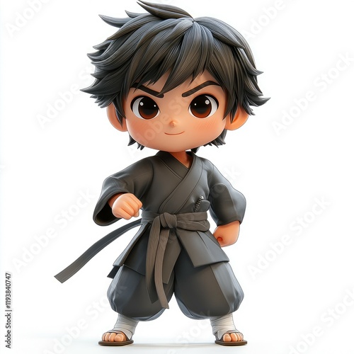 Adorable 3D Render of a Cute Cartoon Boy in a Martial Arts Gi, Perfect for Children's Book Illustrations, Animations, or Digital Art Projects photo