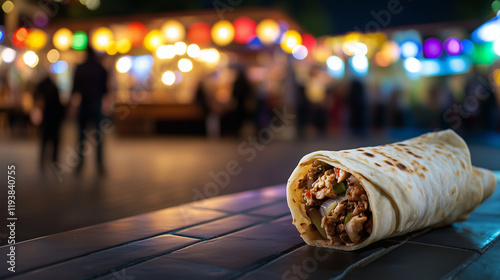 A freshly grilled shawarma wrapped in lavash rests on a ceramic tile, with a blurred night market featuring colorful paper lanterns in the background. photo