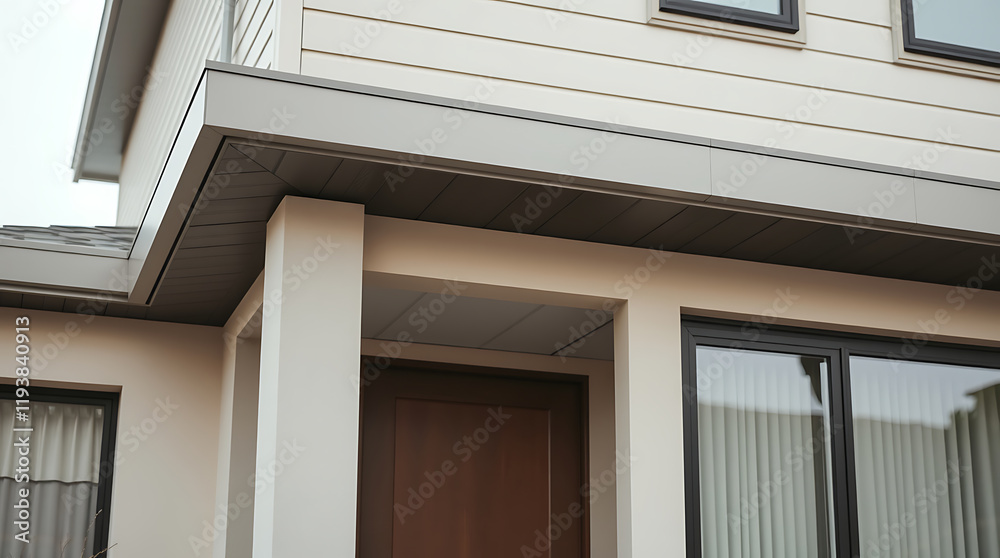 Fototapeta premium Modern House Exterior: Architectural Design and Contemporary Home Details. Luxury Real Estate Property with Elegant Facade and Stylish Entrance. New Home Construction