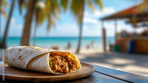 A savory shawarma in lavash sits on a bamboo plate, with a blurred tropical beach setting featuring swaying palm trees and a food stall in the background. photo