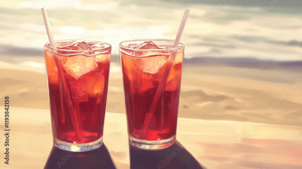 Two Iced Red Drinks Beachside Relaxation Two Iced Red Drinks Beachside Relaxation