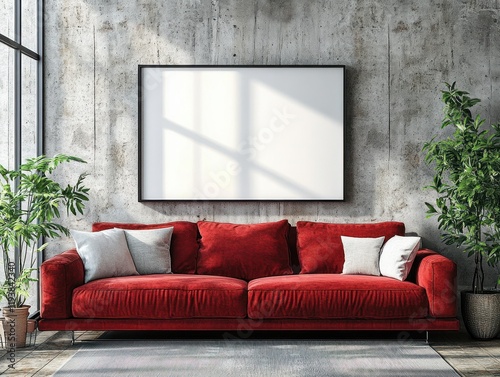 Cozy Minimalist Living Room with Red Sofa Natural Light Industrial Style Scandinavian Design