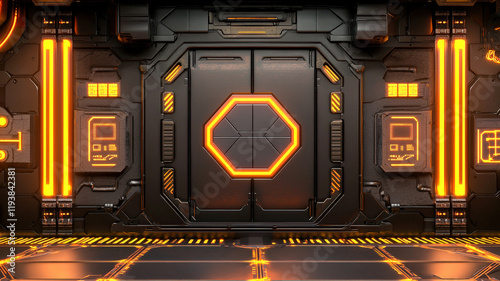 A sci-fi themed wall with glowing circuitry and neon accents, perfect for showcasing futuristic technology, electronic gadgets, or modern product promotions in a sleek and high-tech environment.
