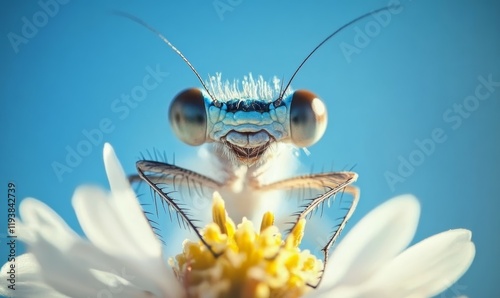 Delicate details of an azure damselfly Coenagrion puella resting on a blooming flower against a clear blue sky photo