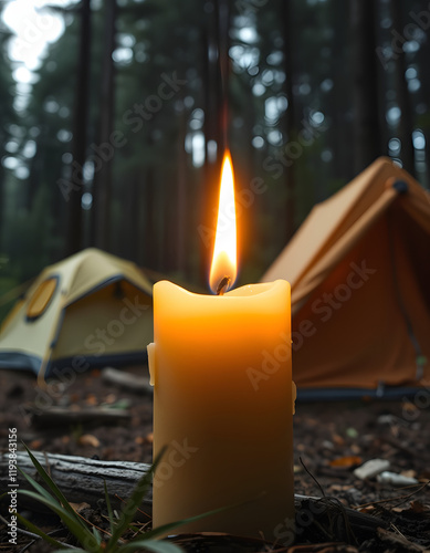 Mosquito repellent - citronella candle with flame near camping tents in forest, close-up. Lighted candle with lemongrass to prevent mosquito bites. Perfect for windless summer evenings outdoors, gra